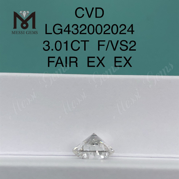 3.01 Carat F/VS2 Diamant rond cultivé en laboratoire EX EX Cvd Diamant Vente en gros