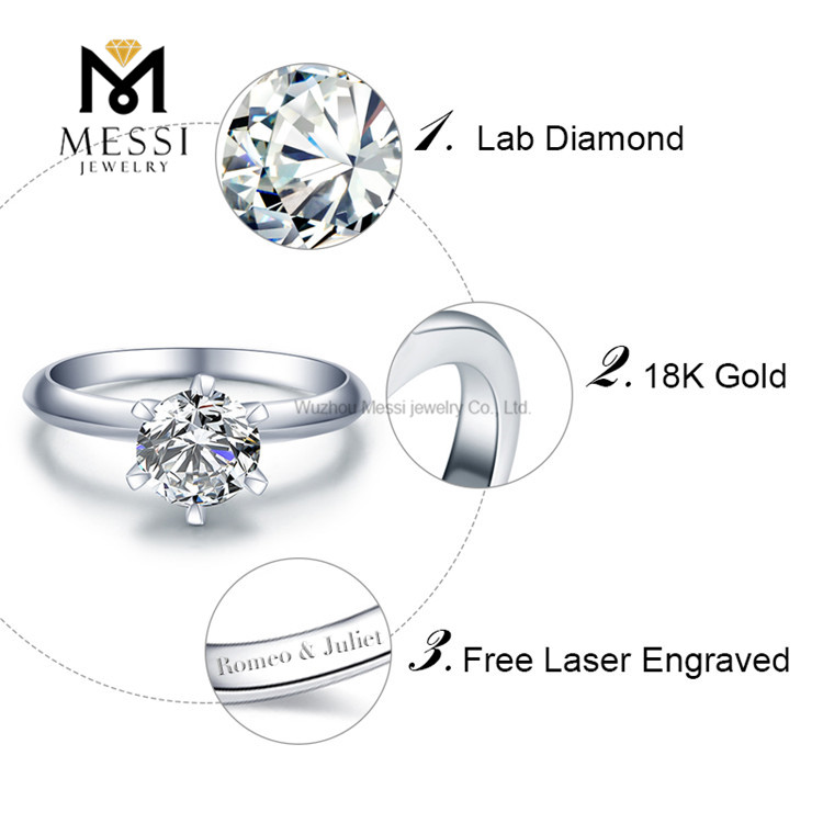 Bague de fiançailles en diamant de laboratoire 10K 14K 18K Or blanc HPHT CVD bijoux en diamant Bague en diamant cultivé en laboratoire