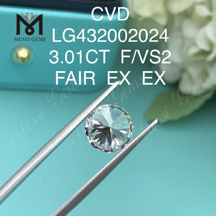 3.01 Carat F/VS2 Diamant rond cultivé en laboratoire EX EX Cvd Diamant Vente en gros